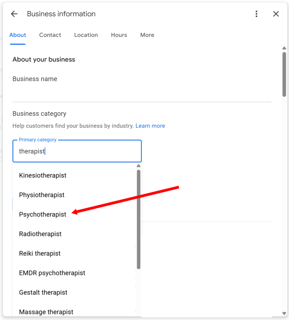 Google My Business listing category selection.