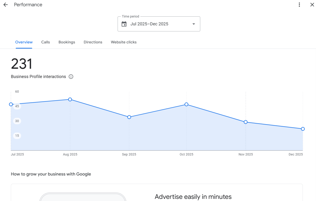 Google My Business performance metrics.