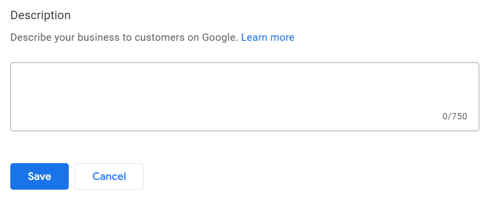 Google My Business description editor.