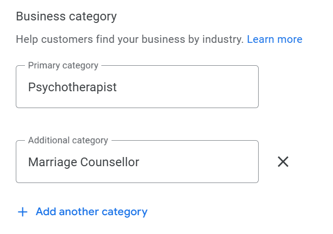 Google My Business listing subcategory selection.