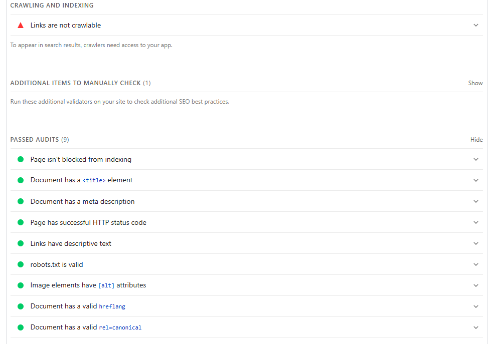 Google PSI SEO scoring metrics.