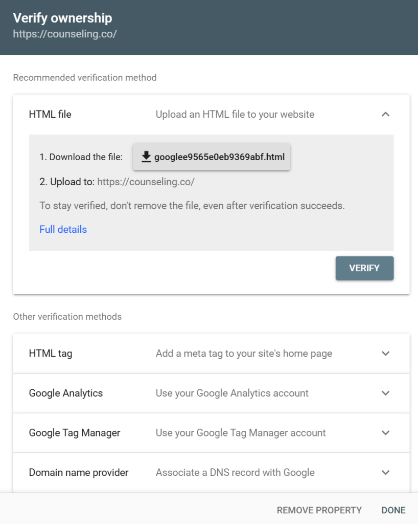 Google Search Console verify ownership section.