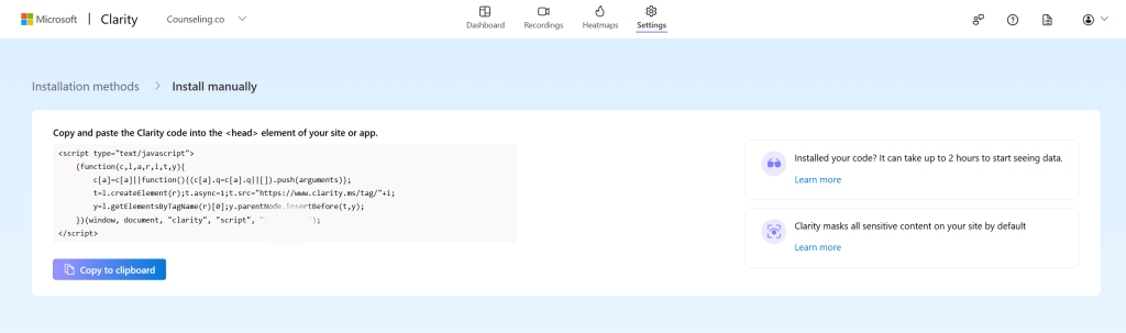 Getting the installation code snippet in Microsoft Clarity.