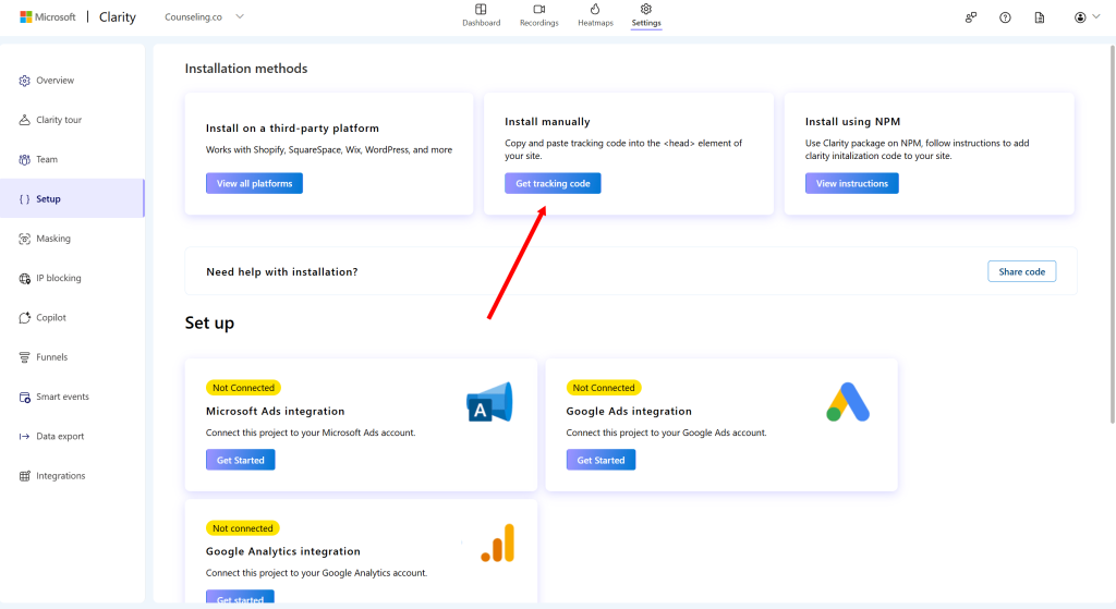 Setting up Microsoft Clarity.
