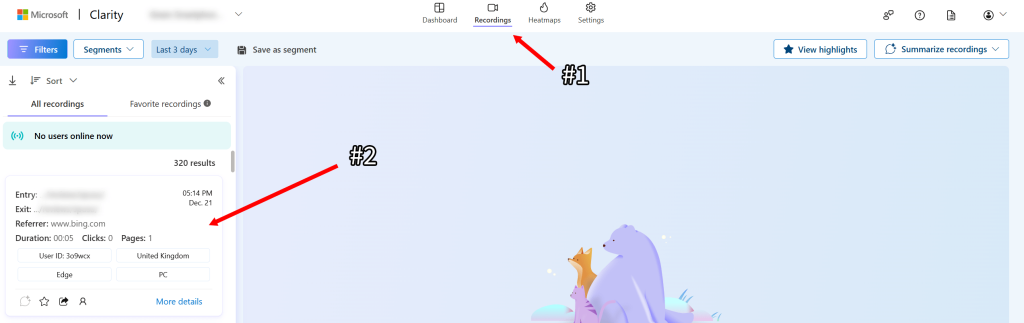 Finding and viewing recordings in Microsoft Clarity.