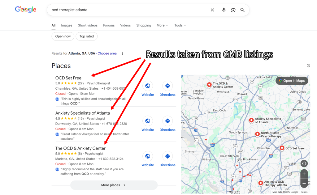Google search result page for "ocd therapist houston".