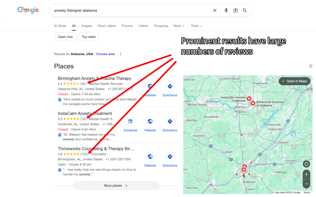 Google Maps result with businesses with large numbers of reviews.