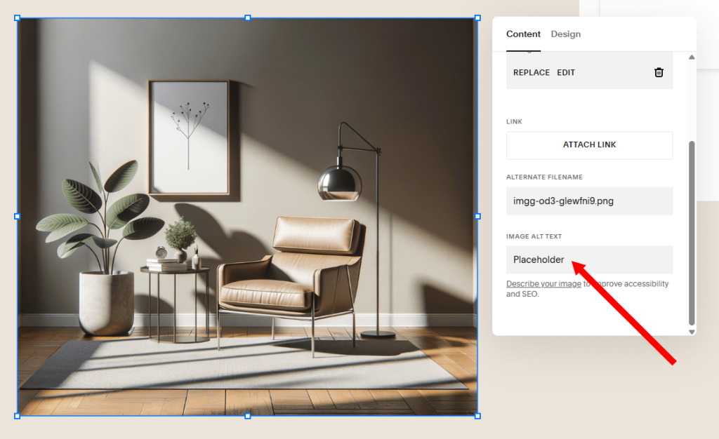 Editing alt text in Squarespace.