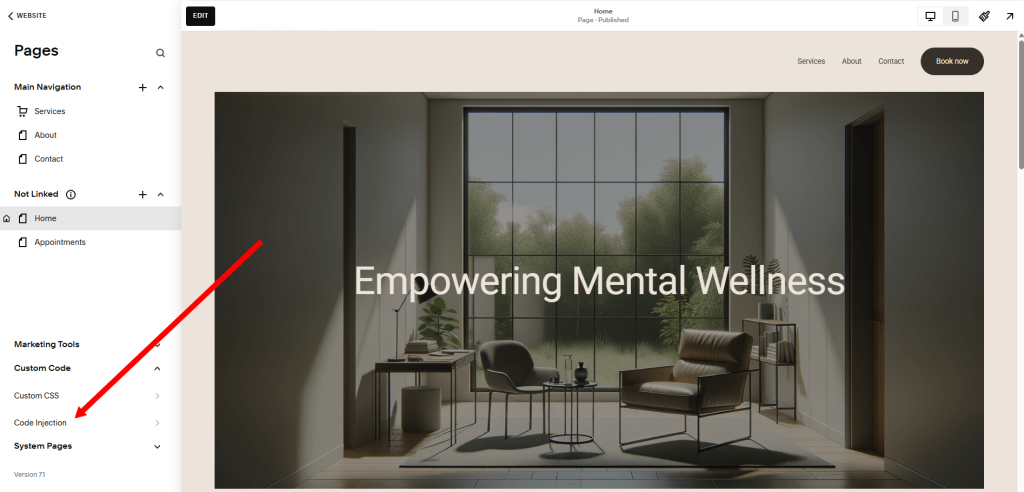 Finding the code injection option in Squarespace.