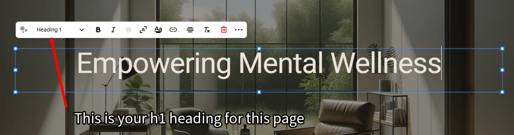 Editing the H1 header on Squarespace.