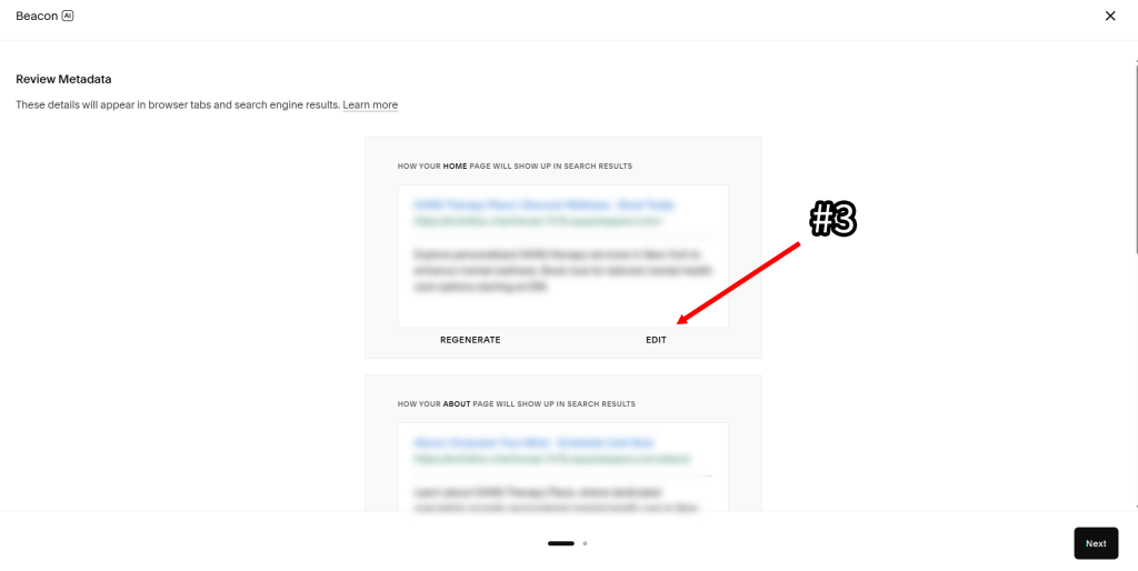 Editing page title and meta description in Squarespace.