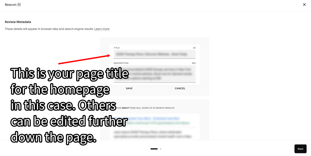 Changing meta title of a webpage on Squarespace.