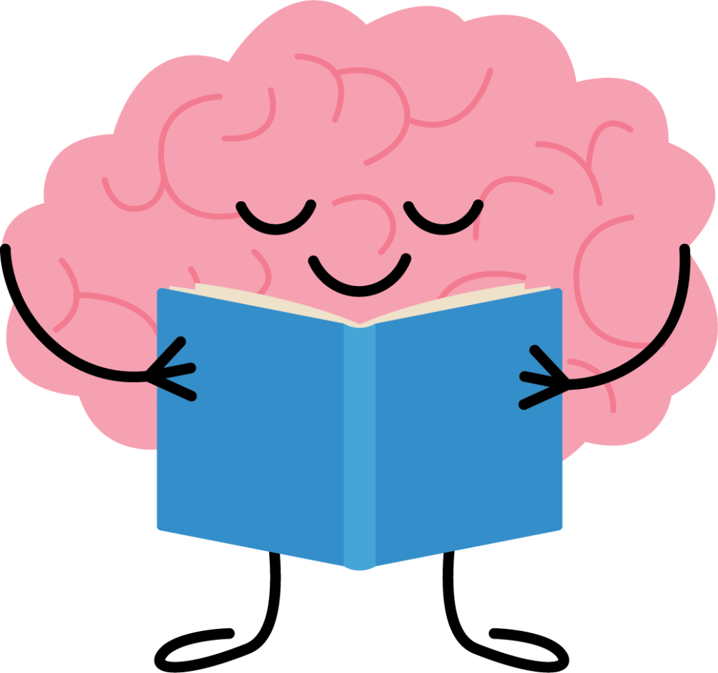 Brain reading a book graphic.