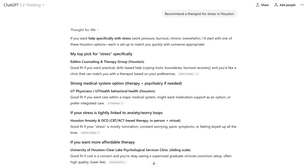 ChatGPT query result after asking for a recommendation for a stress therapist in Houston.